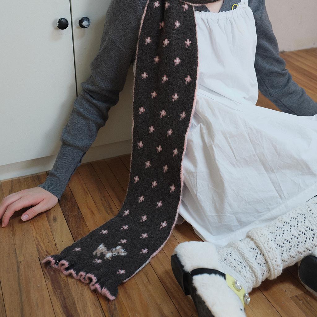 Korean Designer Wool Blended Cartoon Deer Jacquard Knitted Scarf for Women Winter Girly Lace Scarf