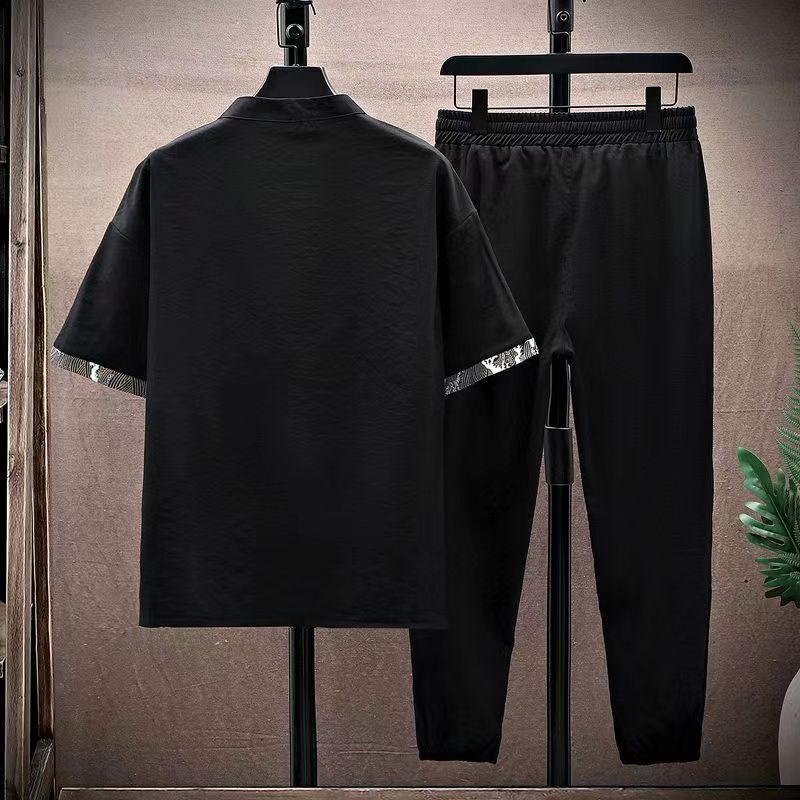 Мужской повседневный костюм из двух частей Ice Silk, летние брюки Nine-point, вышитые футболки с короткими рукавами