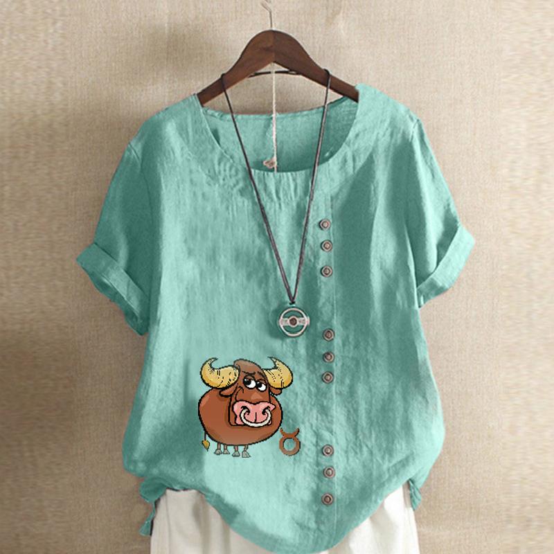 Women's Fashion Cattle Prined Round Neck Short Sleeve T-shirt Casual Cotton Linen Graphic Shirt Leisure Loose Summer Blouse Tops