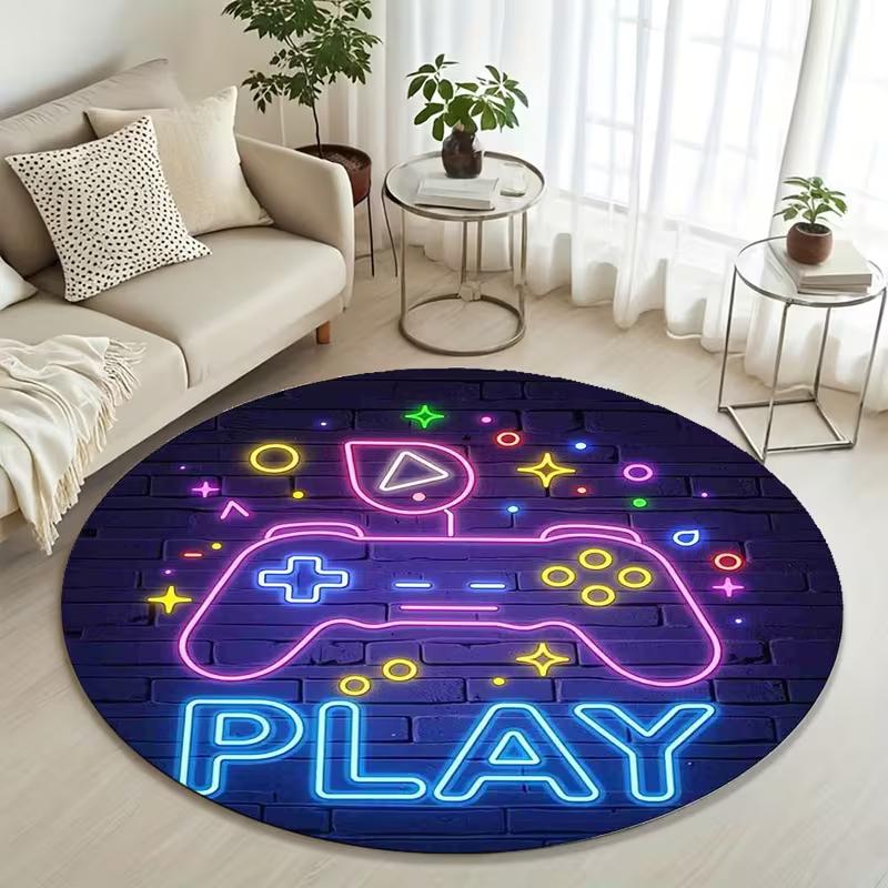 Neon Game Controller Round Rug Soft Non-Slip "PLAY" Neon Print Floor Mat Colorful Gaming Carpet for Boys Teens Bedroom Game Room