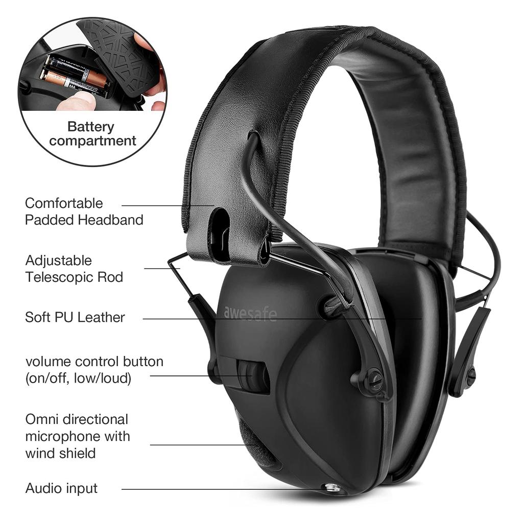 AWESAFE Electronic Shooting Noise Reduction and with Hard Travel Storage Carrying Bag Earmuffs, Amplification, (Small Box, Black)
