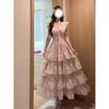 Sweet and Gentle Little Fly Sleeves Pink Floral Dress Female Summer Fugitive Princess Cake Dress Waist Fluffy Suspender Dress