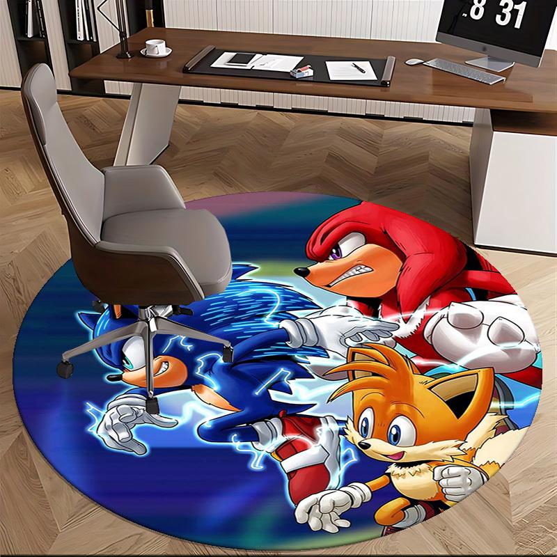 1pc Sonic, Tails & Knuckles Anime Cartoon Design Round Carpet  Office Chair Mat, NonSlip Rug for Home Decor, Living Room, Bedroom