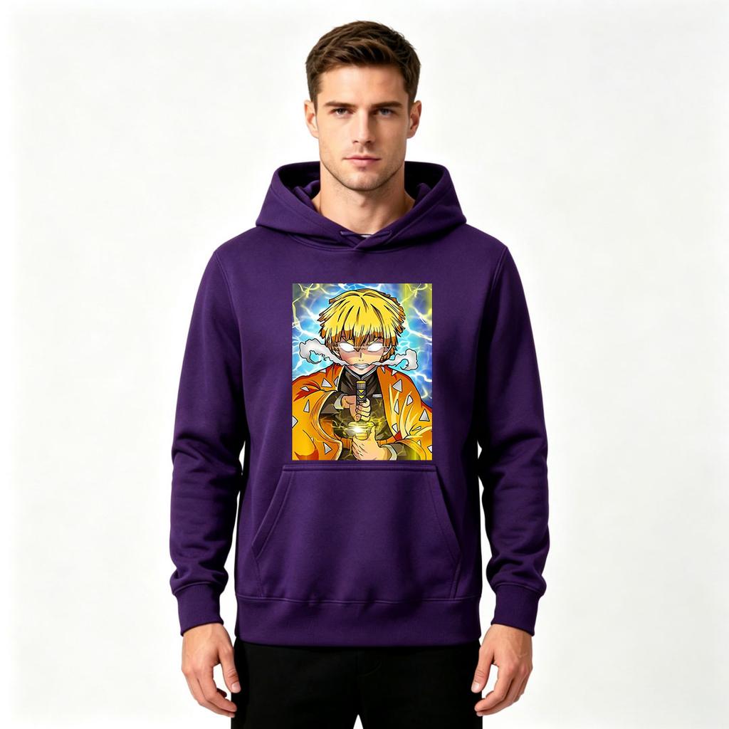 Men Anime Print Pullover Hoodie, Casual Yellow Hair Character Lightning Pattern Long Sleeve Hooded Sweatshirt