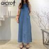 Fashion Long Skirt Round Neck Cuffless Bag Loose Long Vest Denim Robe Dress Women