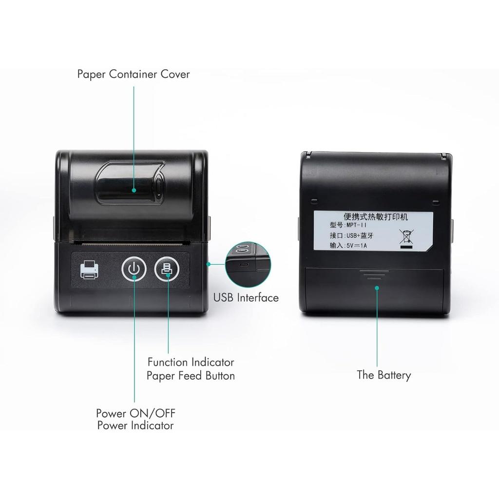 Портативный мини-термопринтер для чеков, USB и BT-соединение, 2 дюйма 57 мм, беспроводной принтер, высокая скорость, с 1 рулоном бумаги внутри, совместим с iOS