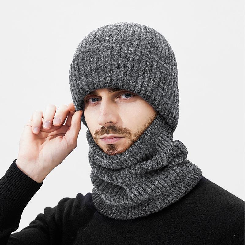 Зимняя шерстяная теплая вязаная шапка Мужская уличная ветрозащитная холодостойкая флисовая манишка Комплект из двух предметов шерстяная шапка