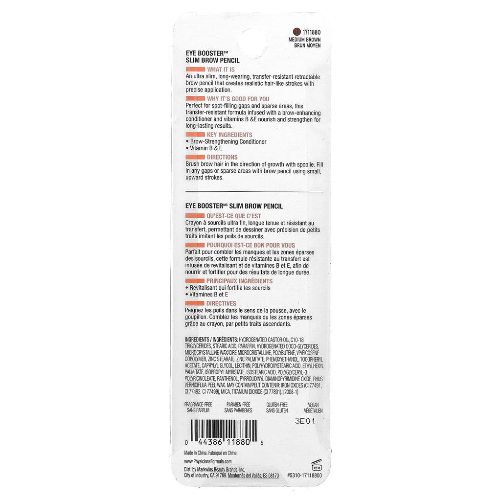 Physicians Formula Eye Booster, Тонкий карандаш для бровей, 1711880 Средне-коричневый, 0,05 г (0,001 унции)