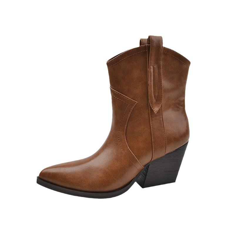 Французские короткие женские ботинки, британские ботинки Мартин 2024 осень-зима, новые ботильоны, толстый каблук, высокий каблук, острый носок, низкие ковбойские ботинки