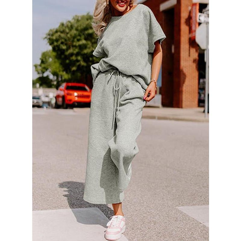 YYFS Женские модные повседневные летние весенние однотонные принты с коротким рукавом и круглым вырезом брюки костюмы