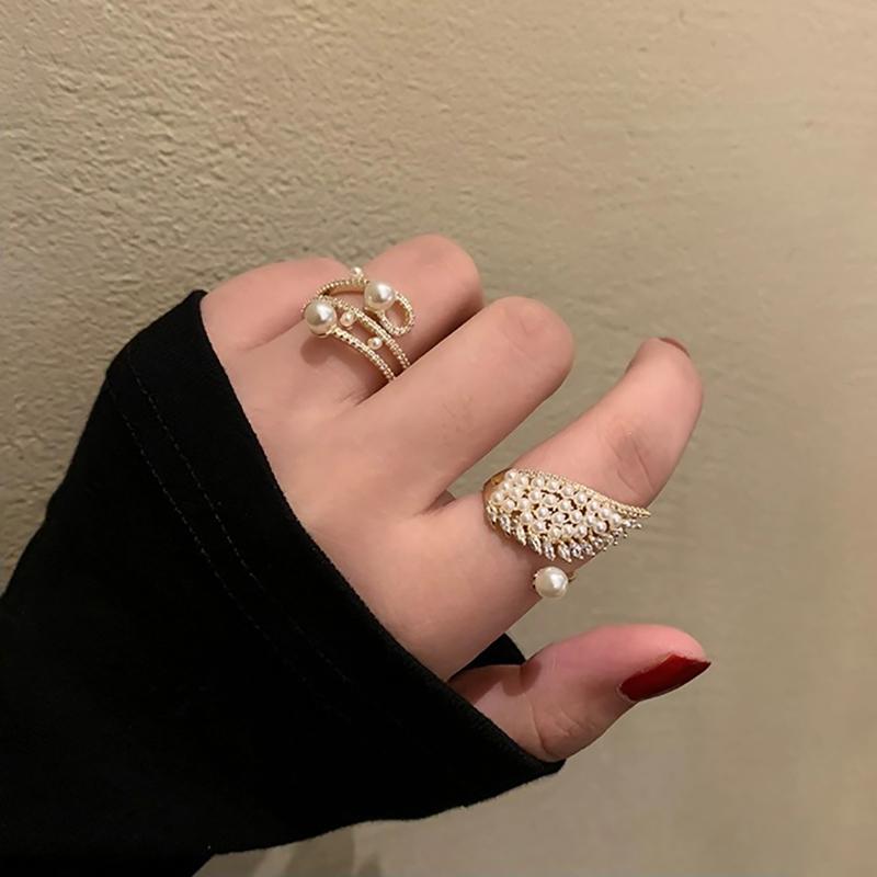 Корейское кольцо Имитация жемчуга Крылья Циркон Открытые кольца Изысканное геометрическое кольцо на палец Женские Модные Темпераментные Универсальные украшения