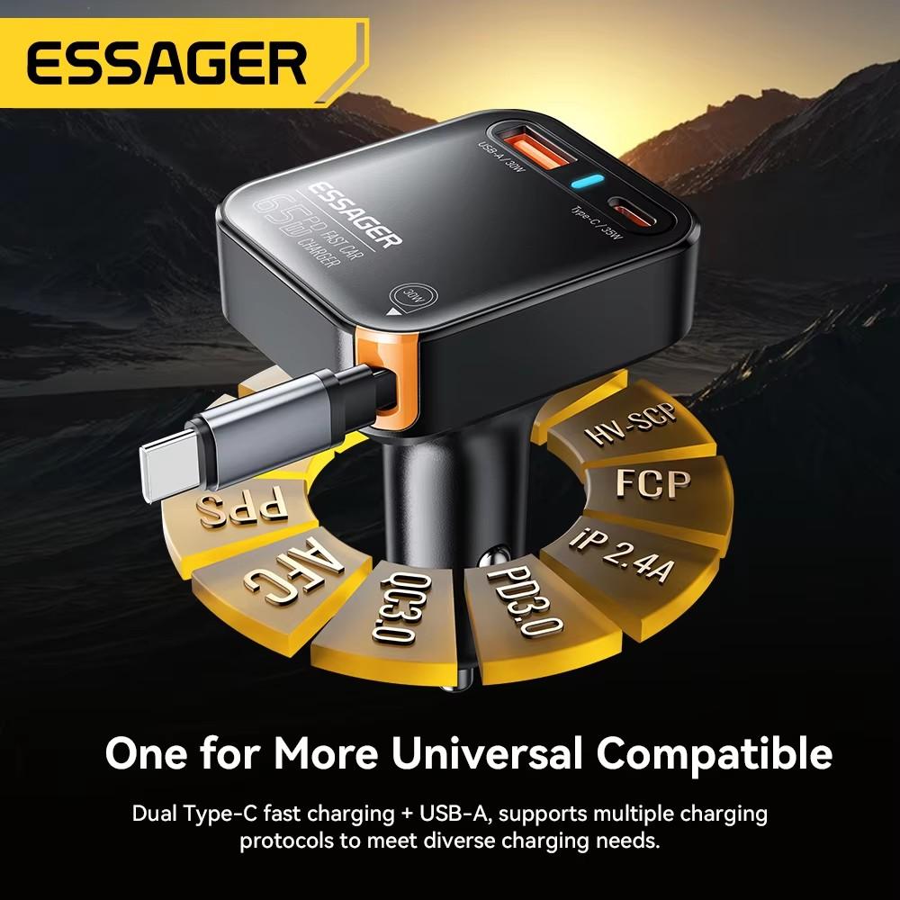 Essager 65W USB C Автомобильное зарядное устройство 3 порта с выдвижным кабелем PD3.0 QC3.0 30W Быстрая зарядка для iPhone 16 15 iPad Samsung Xiaomi