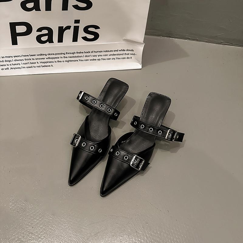 Мода Панк Готика Металлическая Пряжка Высокий Каблук Женские Сандалии Лето 2024 Острый Носок Серебристые Туфли для Вечеринки Мода Женские Туфли-Лодочки