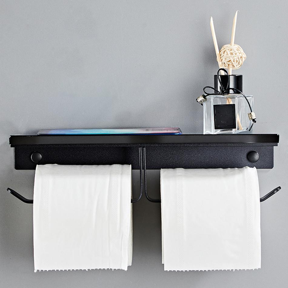 Черный двойной держатель для бумаги с полкой для телефона, алюминиевая стойка для хранения бумажных полотенец для туалета, вешалка для рулонов салфеток для кухни, туалета, ванной комнаты