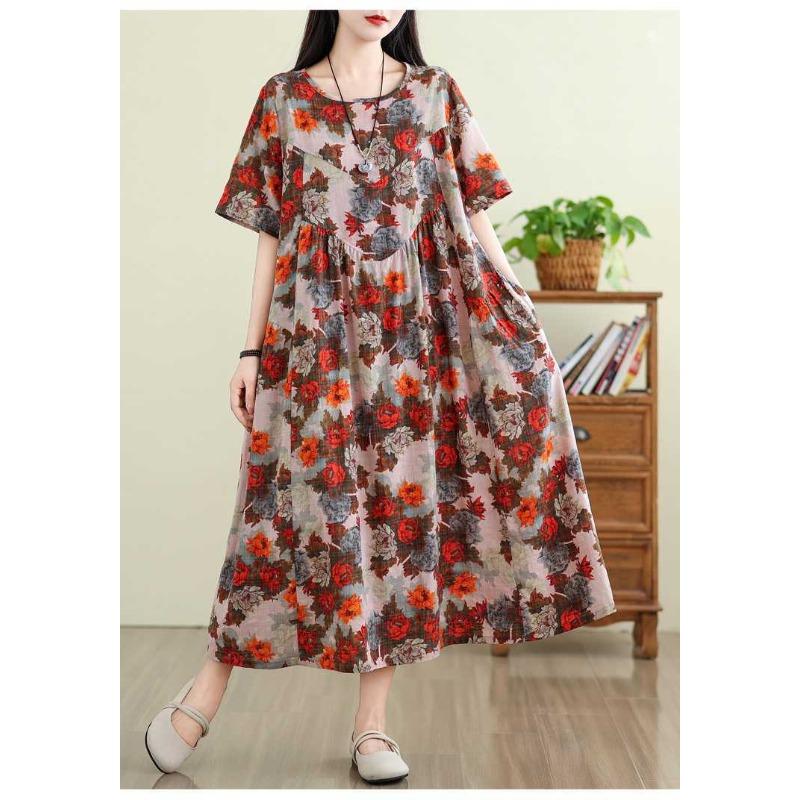 Платье в стиле ретро из хлопка и льна с круглым вырезом и короткими рукавами, женская свободная юбка