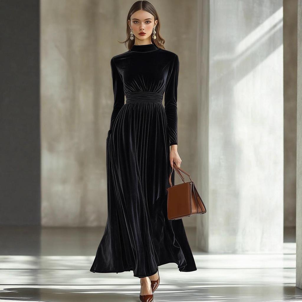 2025 Женское элегантное платье из золотого бархата с длинными рукавами, приталенное, с пышной юбкой, для осени/зимы