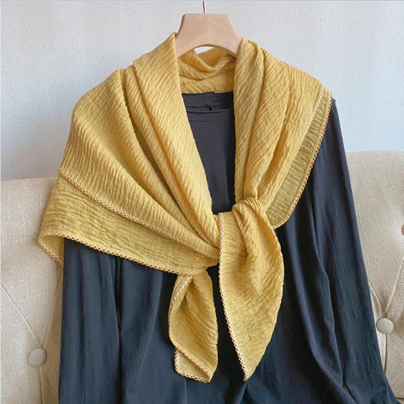 Spring and Autumn New Pleated Solid Color Cotton and Linen Large Square Scarf Silk Scarf Femininity Versatile Shawl Thin Neck Scarf