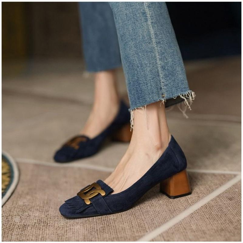 Мода 2024 года, новые женские туфли-лодочки из искусственной замши с кисточками на высоком каблуке, металлические туфли-лодочки на каблуке с деревянным зернистым узором, офисные туфли