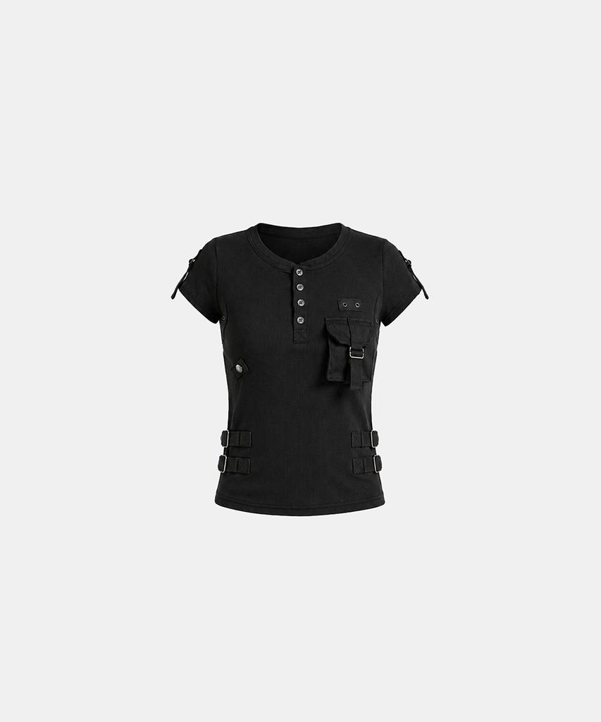BADBLOOD Delta Utility Cotton Rib 1/2 Henley Neck T-Shirt - Black