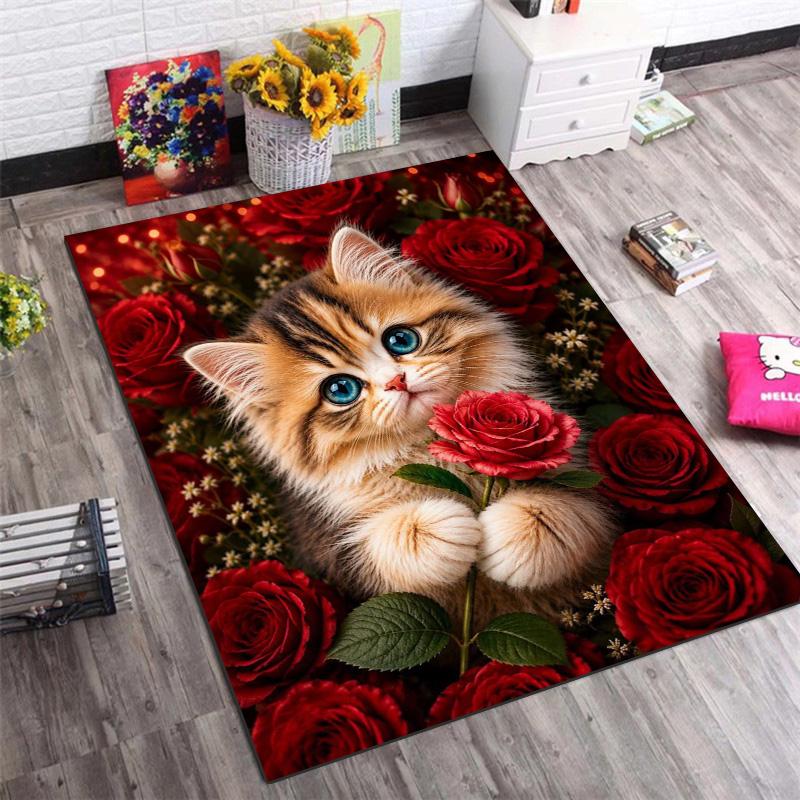Cute Kitten Red Rose Floral Art Print Area Rug Animal Flower Theme Non‑Slip Rectangular Floor Mat Home Decor For Living Bedroom