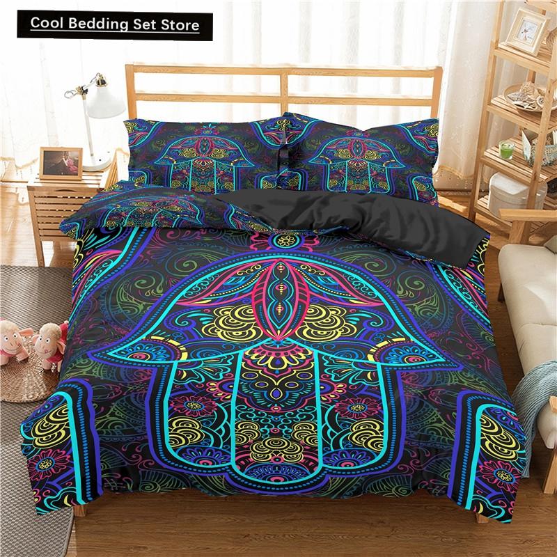 Comforter Hamsa Hand King Queen Gold Lucky Hand Of Fatima Bedding Set Black Boho Hippie Polyester Comforter