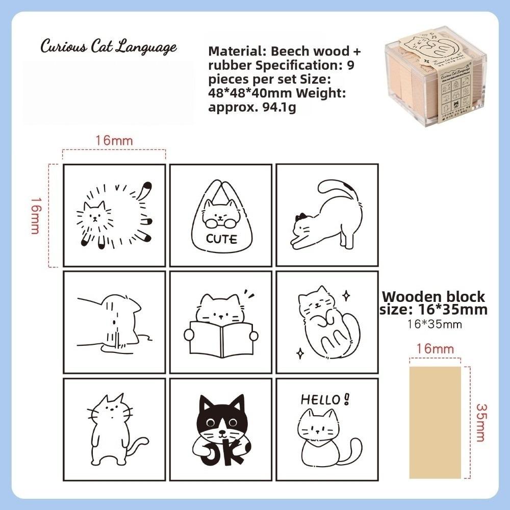 9pcs Cat‘s Daily Life Rubber Stamp Acrylic Box Students Stamps Wood Stamps Set Scrapbooking Decor