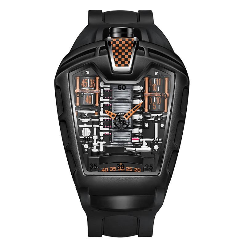 Mens Fashion Quartz Watch With Engine Decor Design 46mm Round Alloy Case Silicone Strap Mineral Glass