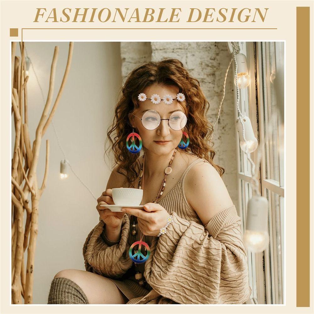 Boho Peace Sign Women's Hippie Costume Set 60's 70s Style Necklace Earrings  for Groovy Party Girls
