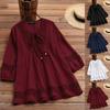 Women's Fashion Casual Loose Pleated Lace Hollow O-Neck Blouse Top