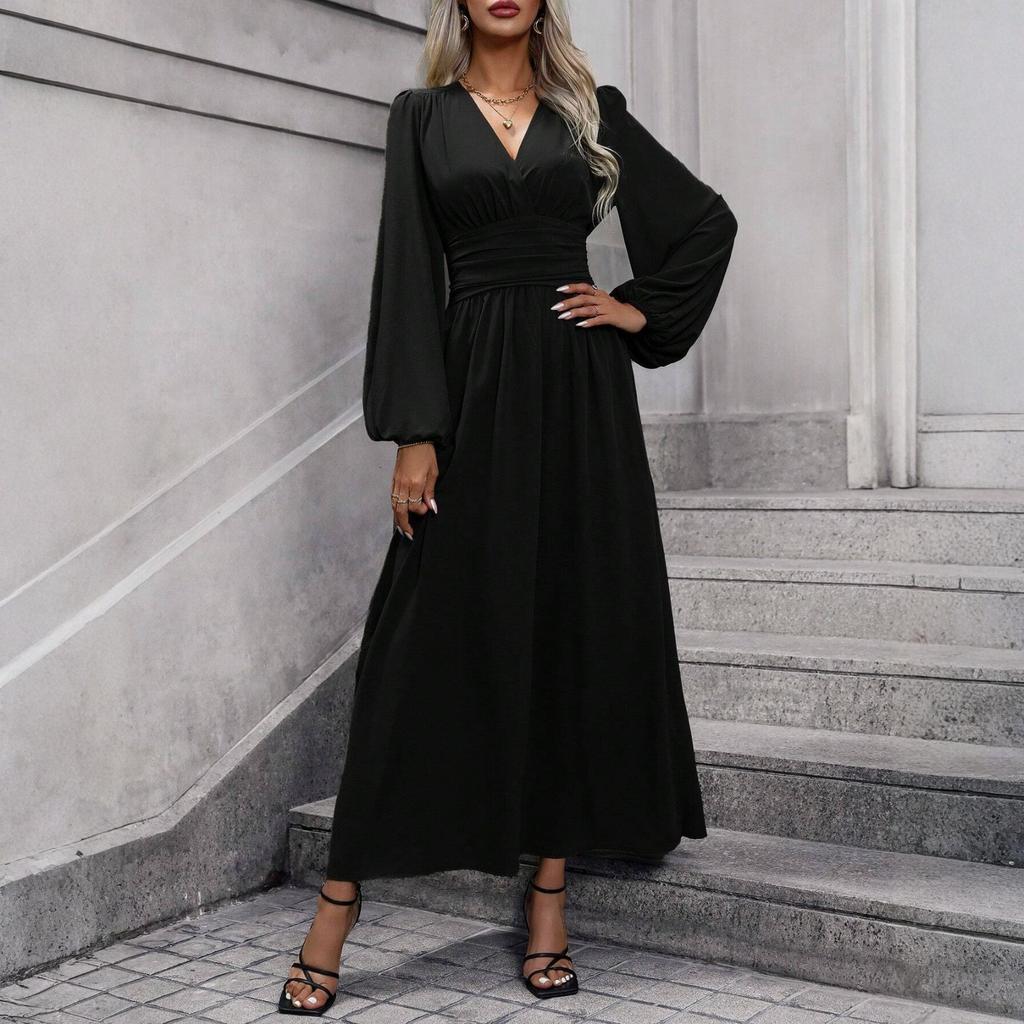 Women's Fashionable Solid Color V-neck Long Sleeved Slit Dress