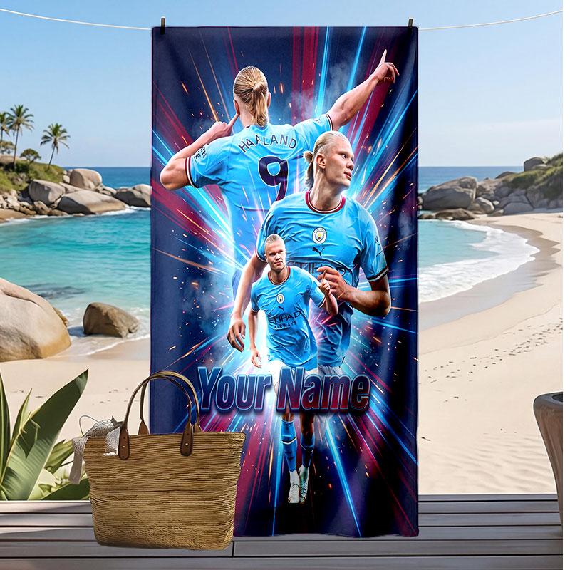 Erling Haaland Personalized Printed Beach Towel Soccer Logo Support Custom Name Text Absorbent Towel For Sport Travel Special Gift