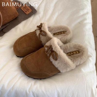 Женские тапочки на плоской подошве с бантом из меха и хлопка, короткие плюшевые замшевые дизайнерские мюли, тренд 2025 года, теплые зимние туфли для ходьбы и снега, женские туфли