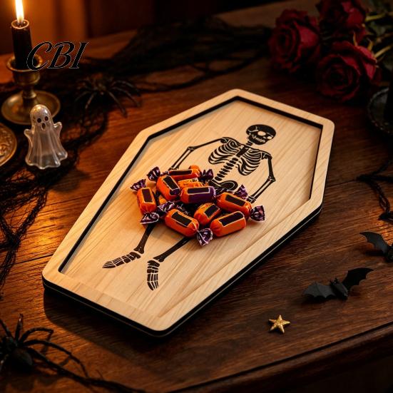 Gothic Table Centerpiece Halloween Wooden Pallet, Decorative Serving Tray, Skeleton/Ghost/Pumpkin Storage Entryway Key Bowl Organizer for Kitchen