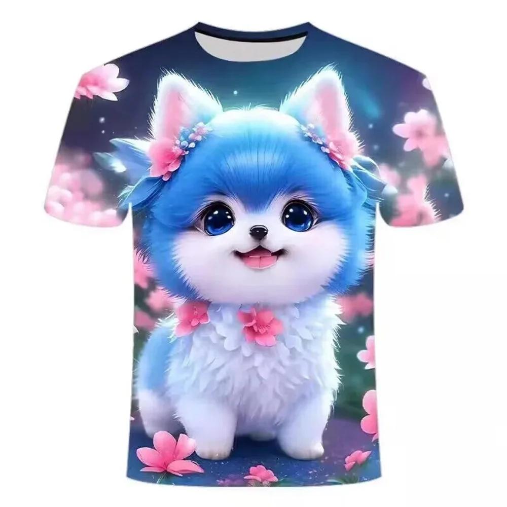 Cute Fluffy Cat Cartoon Fashion 3D Short-Sleeve T-Shirt for Kids, Beautiful Summer Girl's Versatile Colorful Top