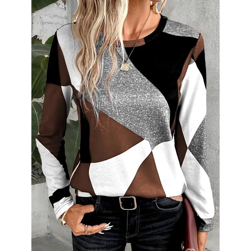 Women's T-shirts 3D Irregular Geometric Printing Fashion Long-sleeved Round Neck Regular Tops Holiday Weekend Spring and Autumn