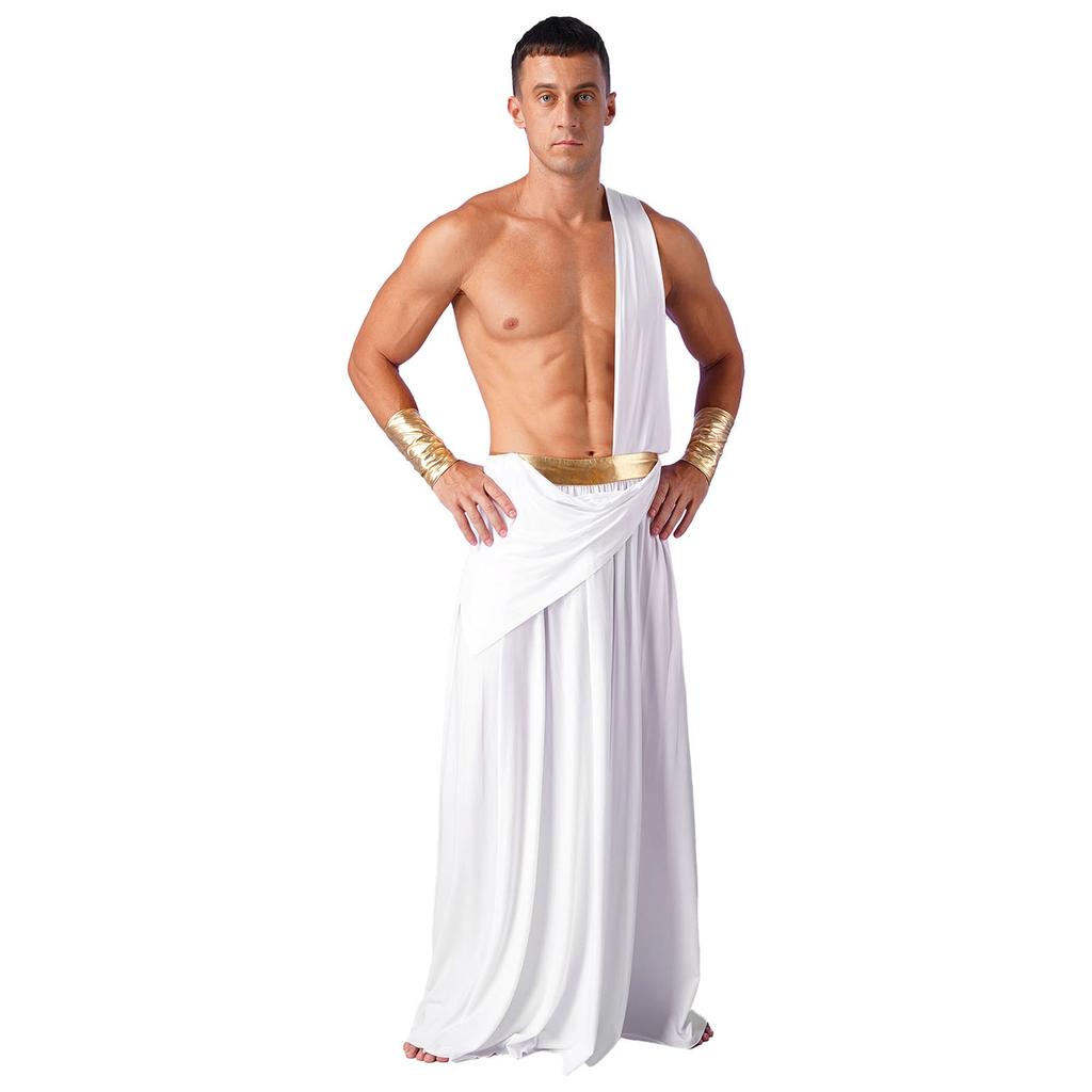Mens Ancient Greek Cosplay Costume Long Skirt Wristbands One Shoulder Strap Roman Toga Halloween Warrior Gown