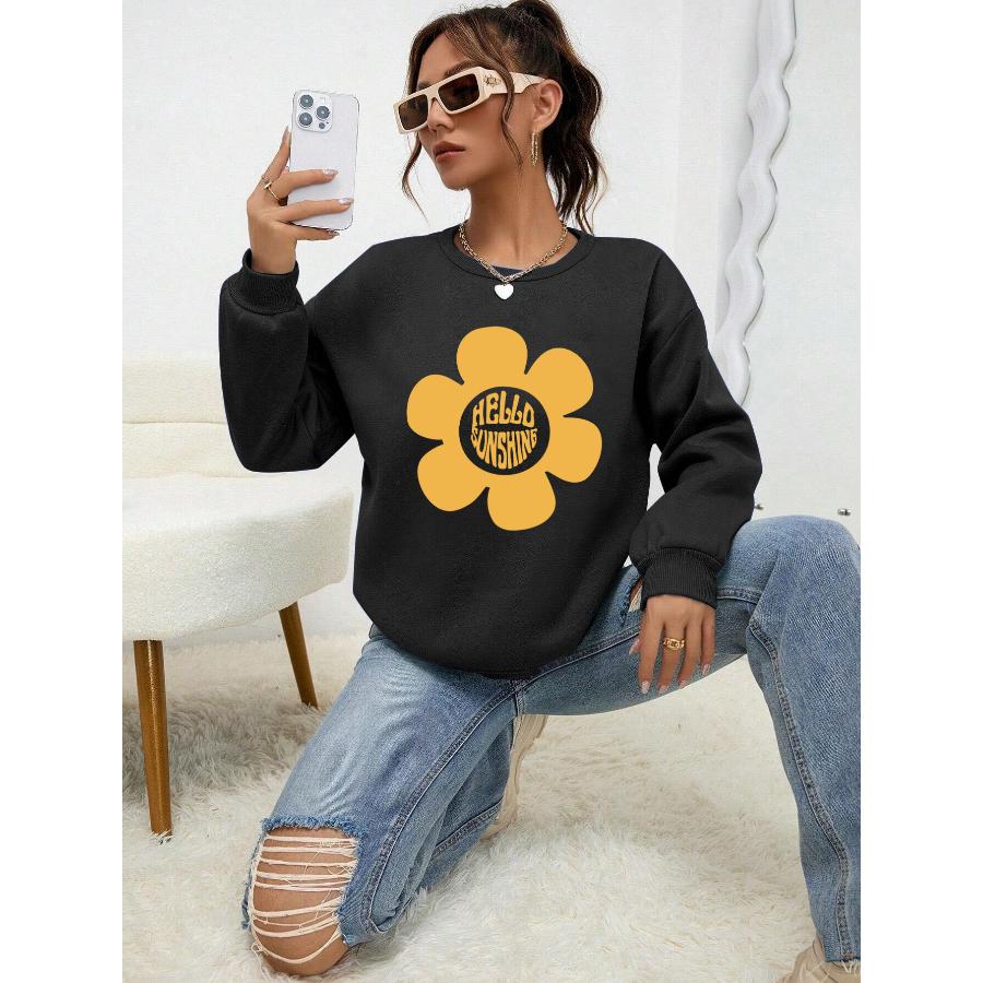 Hello Sunshine Big Yellow Flower Printed Hoodie Women Autumn Casual Pullovers Fleece Simple Sweatshirt Crewneck Female Tops