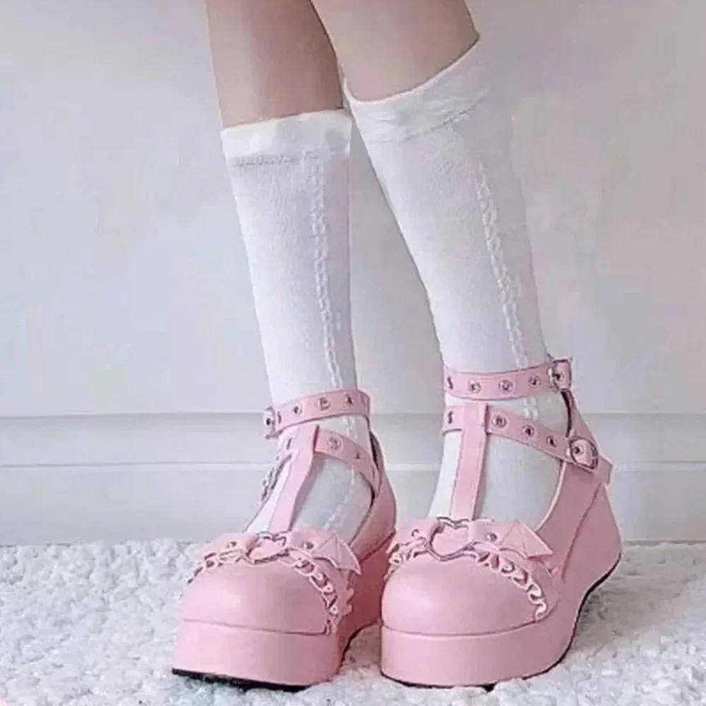 Fashion New Sweet Heart Buckle Wedges Mary Janes Women Pink T-Strap Chunky Platform Lolita Shoes Woman Punk Gothic Cosplay Shoes 43