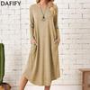 Women's Fashion Spring Fall Solid Color Print Long Sleeve O-Neck Loose Waistline Casual Dresses