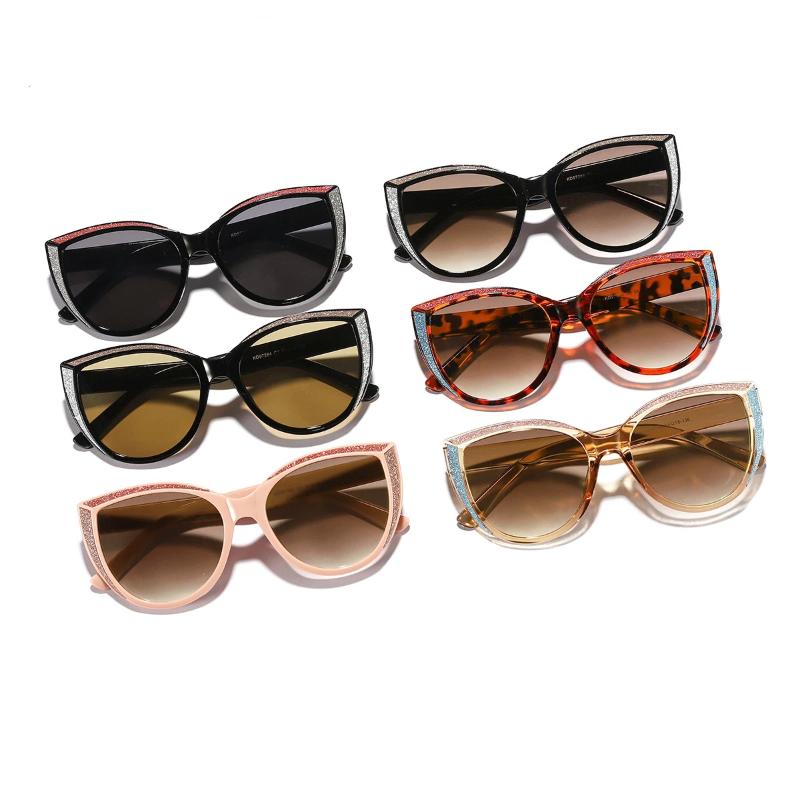 Women's Stylish Cat Eye Sunglasses with Glitter Black Frame Brown Lens for Chic Outings