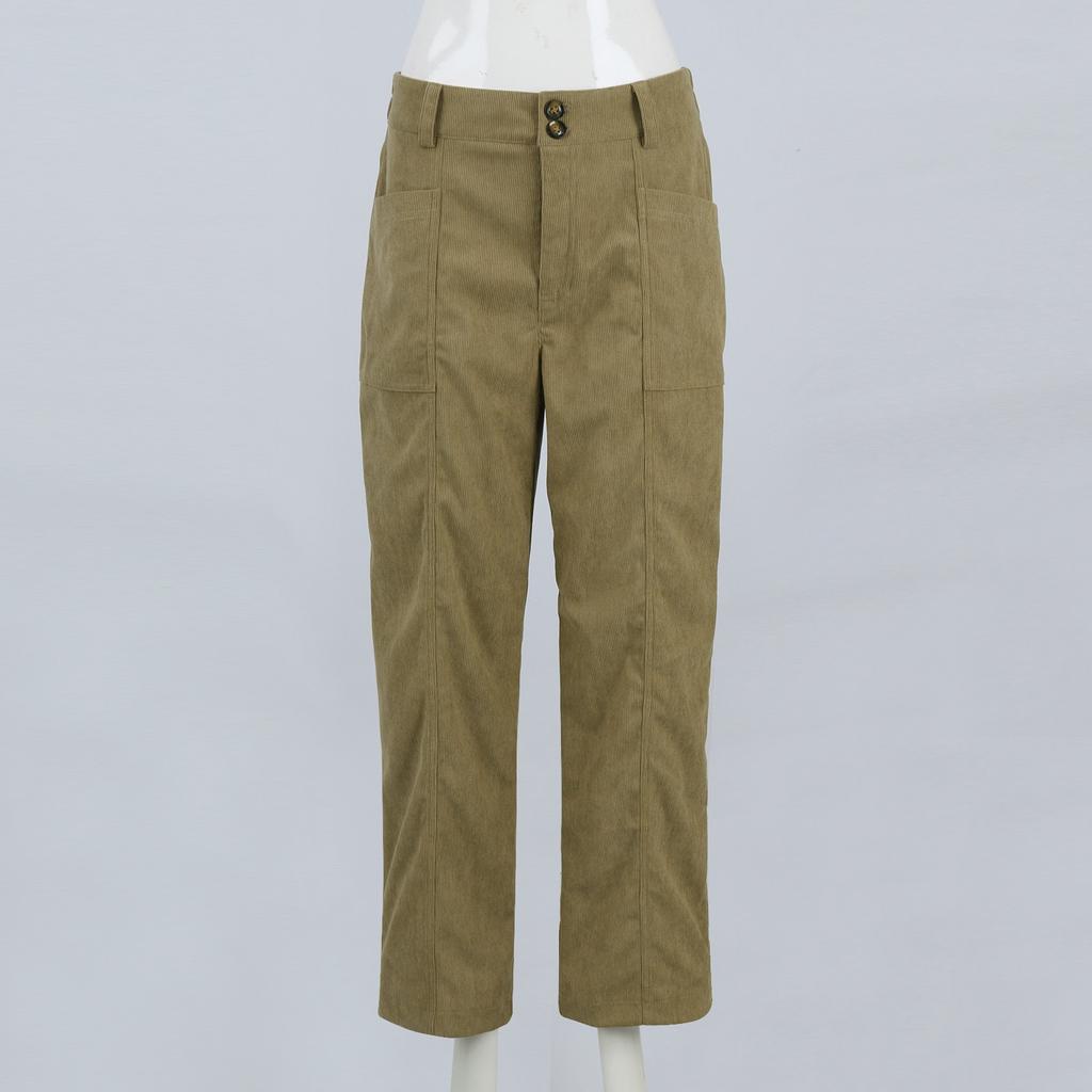Womens Casual Winter Straight Leg Elastic Waist Corduroy Pants With Pockets