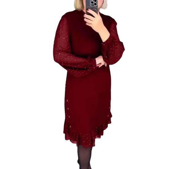 Women Midi Dress Long Mesh Balloon Sleeve with Dot Printing Ruffle Hem