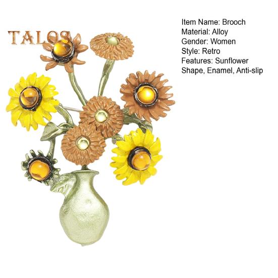 Women Brooch Sunflower Vase Shape Enamel Vintage Anti-slip Suit Coat Collar Hat Scarf Decoration Clothes Pin Prom Party Garment Jewelry