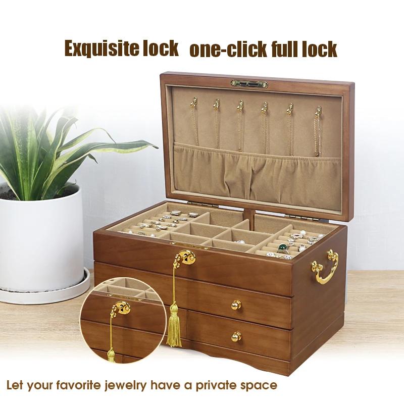 3 слоя твердых деревянных шкатулок для украшений с зеркалом, органайзер для хранения винтажных украшений для браслетов, ожерелий, колец