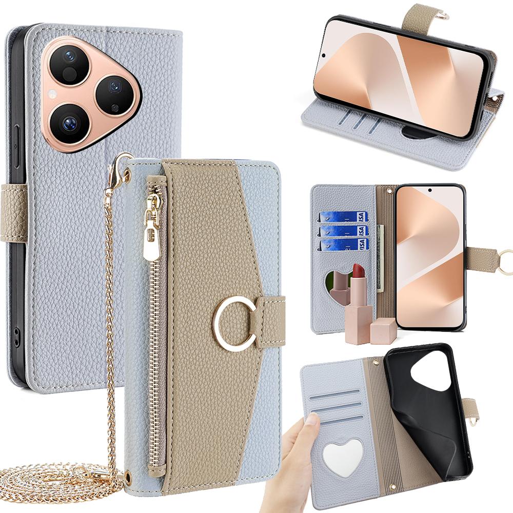 For Huawei Pura 80 Case Mirror Wallet Leather Phone Cover with Chain Shoulder Strap
