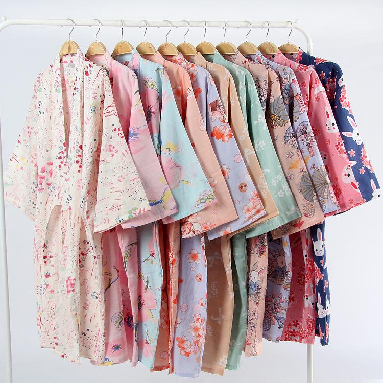 Japanese Kimono Ladies Bathrobe Nightdress Long-sleeved Nightgown Cotton Gauze Summer and Autumn Cute Sweaty Spring Cotton Pajamas
