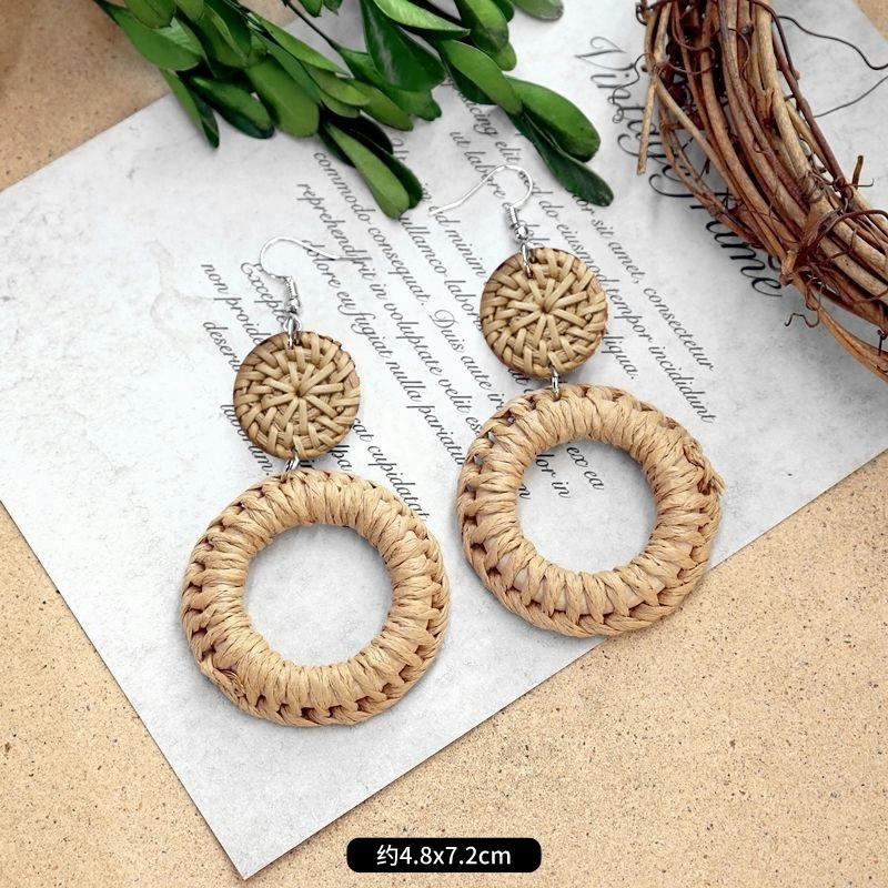 Новые летние богемные ретро серьги из плетеной травы, для отпуска, женственные, длинные, пляжные, деревянные