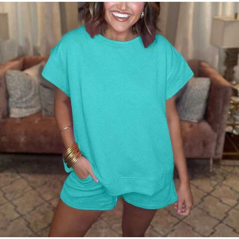 Однотонный топ с круглым вырезом и короткими рукавами для женщин, весна-лето, фактурная ткань, модные шорты, комплект для женщин, костюмы и комплекты для женщин
