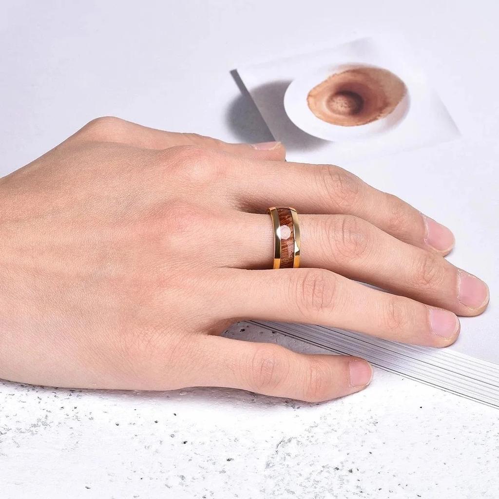 Модные мужские кольца из нержавеющей стали золотого цвета 8 мм для мужчин и женщин, кольца с куполообразной вставкой из дерева коа, свадебные помолвочные украшения, подарок