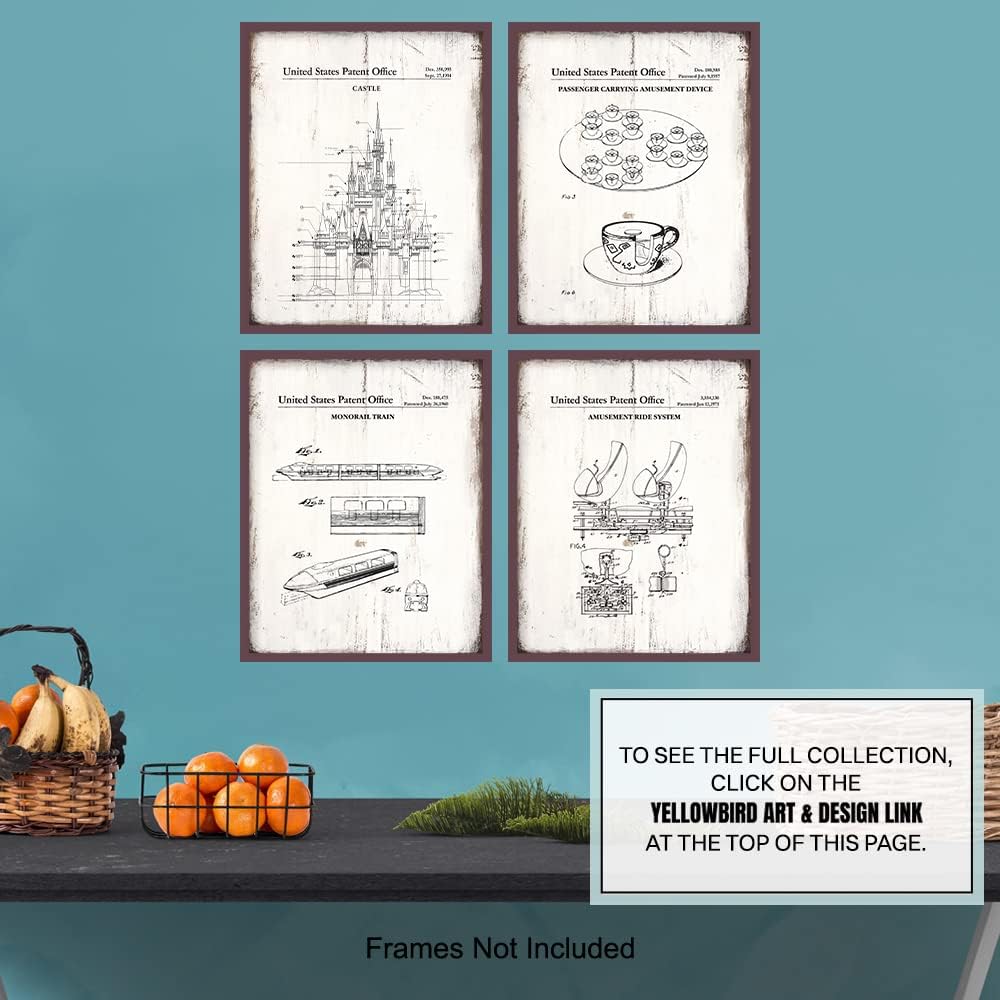 Rides Sign Patent Art Prints - Vintage Wall Art Poster Set - Rustic Home Decor for Boys, Girls, Teens, Kids Room - Gift for Mickey Fans - 8x10 Photos